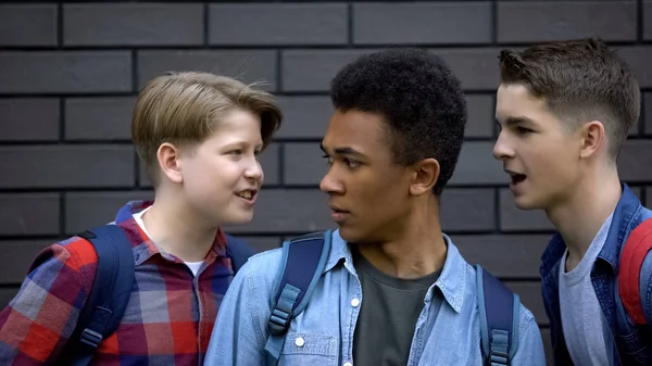 Evil Students Teasing Black Boy Face Face Telling Insults Racial — Stock Photo, Image