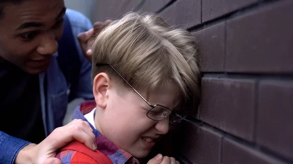 Closeup Bullied Student Broken Eyeglasses Black Boy Intimidating Nerd — Stock Photo, Image