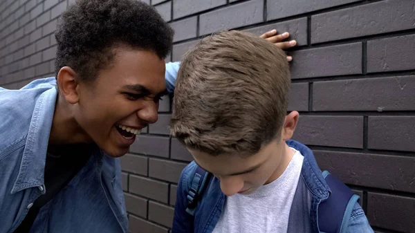 Cruel African American Student Teasing Weak Boy Psychological Abuse Threat — Stock Photo, Image