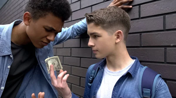 Afro American Guy Extorting Money Poor Boy Dissatisfied One Dollar — Stock Photo, Image