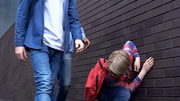 Weak Junior Student Falling Punches Leaning Wall School Bullying — Stock Photo, Image