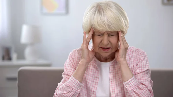 Elderly Woman Massaging Painful Temples Needing Painkiller Health Problem — Stock Photo, Image