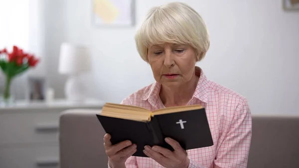 Religieuze Senior Vrouw Lezen Heilige Bijbel Thuis Geloof Geloof Concept — Stockfoto