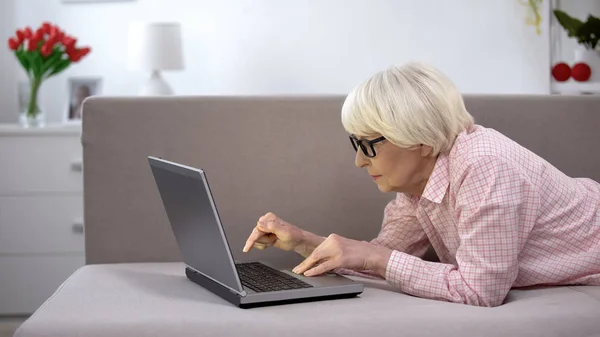 Alte Frau Mit Brille Tippt Aufmerksam Auf Laptop App Für — Stockfoto