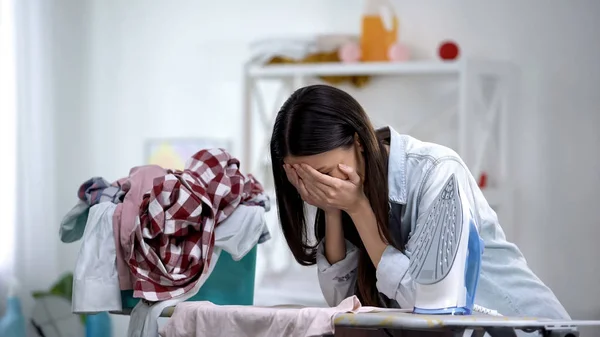 Stressed Housewife Ironing Clothes Leaning Board Crying Domestic Work — Stock Photo, Image