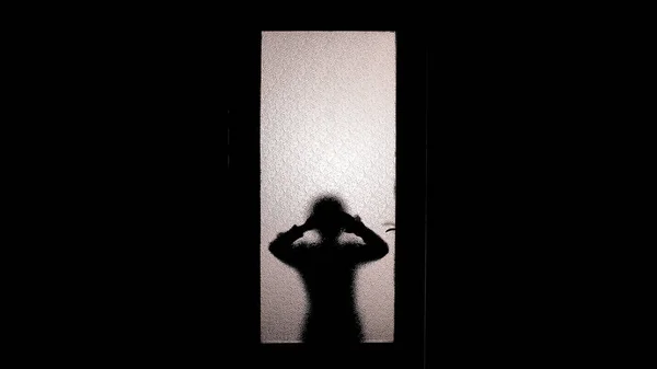 Little Girl Silhouette Watching Glass Door Spooky Paranormal Phenomena — Stock Photo, Image