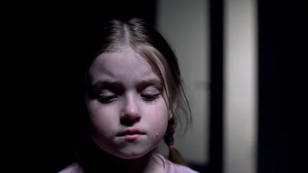 Girl Crying Dark Room Bullying Victim Kids Rights Protection Childhood — Stock Photo, Image