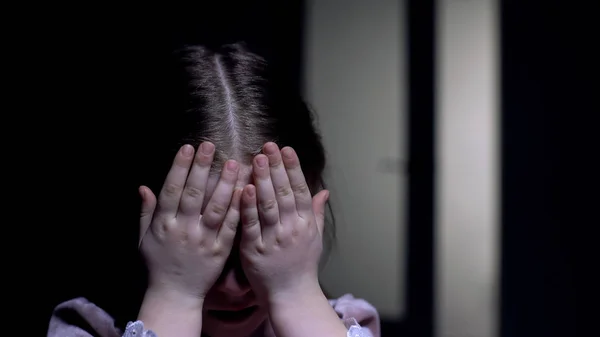 Crying Female Child Closing Face Palms Little Girl Abandoned Orphanage — Stock Photo, Image