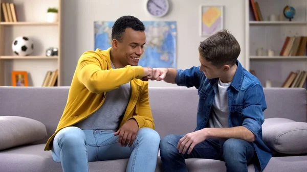 Cheerful African American Caucasian Teen Boys Bumping Fists Friends Meeting — Stock Photo, Image