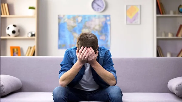 Depressed Teen Boy Closing Face Hands Crying Home Bullying Problem — Stock Photo, Image