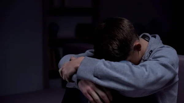 Depressed Teenage Boy Sitting Dark Room Misunderstanding Parents — Stock Photo, Image