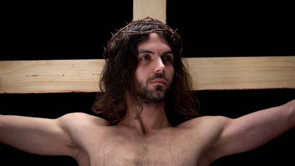 Jesus Cristo Espinhos Coroa Fundo Preto Religiosa Crucifixo — Fotografia de Stock