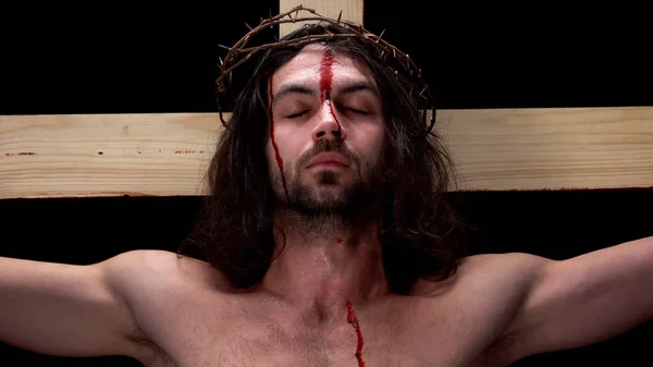 Sufrimiento Jesús Con Sangre Cuerpo Ojos Cerrados Perdón Religioso Bondad —  Fotos de Stock