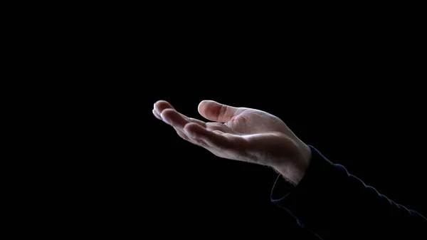 Male Hand Asking Help Dark Background Begging Donation Poverty — Stock Photo, Image