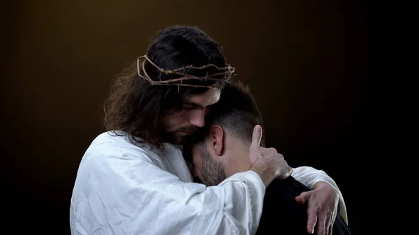 Savior Crown Thrones Hugging Desperate Male Religious Peace Forgiveness — Stock Photo, Image