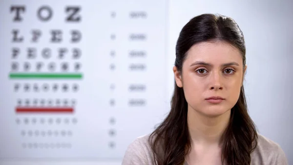 Rozrušená Žena Kontroluje Zrak Při Schůzce Zrakový Problém — Stock fotografie