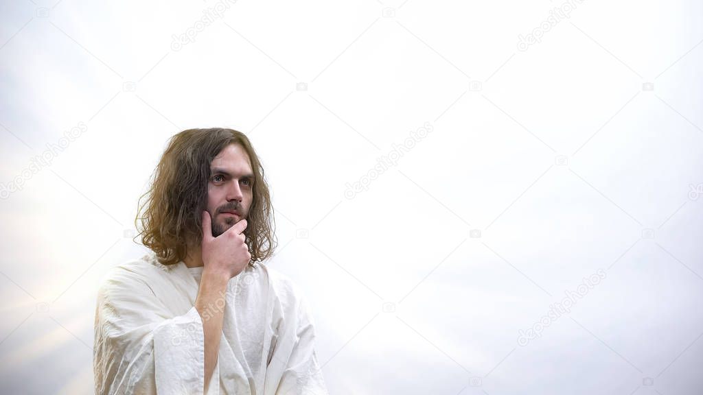 Portrait of pensive God on white template for ad, christian community, churches