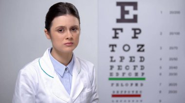 Bayan optometrist kötü görme testi sonuçları ile üzgün, bulanık görme sorunu