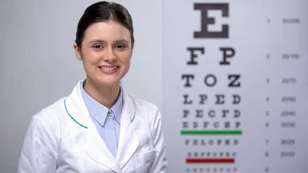Dame Oftalmoloog Tevreden Met Gezichtsvermogen Eye Chart Testresultaten Goed Zicht — Stockfoto