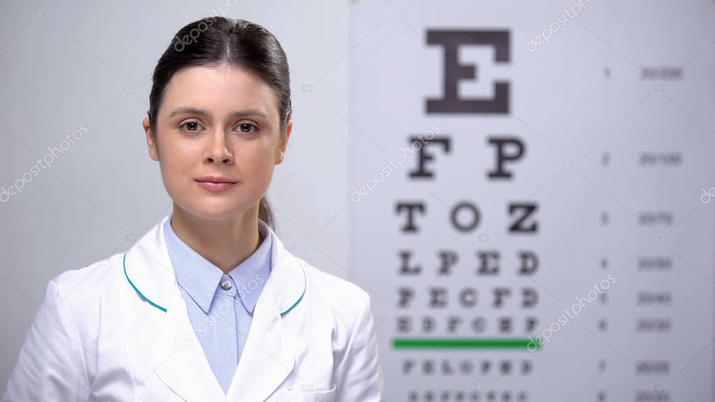 Professional female oculist looking at camera against eye-chart background