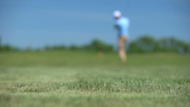 Szakképzett ember játszik Golf örvendezve a jó hosszú távú lövés eredménye, sport győzelem — Stock videók