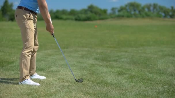 Campeón de golf profesional golpeando la posición de swing pelota, tiro exitoso, victoria — Vídeos de Stock