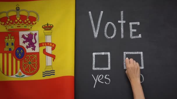 Bandera de España en segundo plano, marca de mano sin respuesta en el voto, independencia — Vídeo de stock