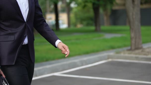 Hombre en traje de negocios dando bolsa con dinero o arma al hombre en coche, criminalidad — Vídeos de Stock