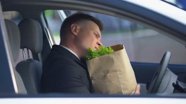 Junger Mann mit Lebensmittelpaket sitzt im Auto und bereitet sich auf das Autofahren vor, kauft ein — Stockvideo