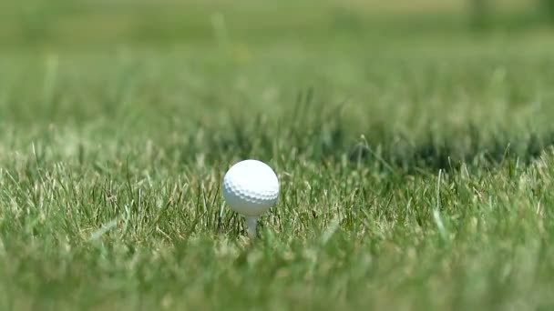 Hombre jugador de golf golpeando pelota haciendo medio swing y rebanando hierba, primer plano — Vídeo de stock