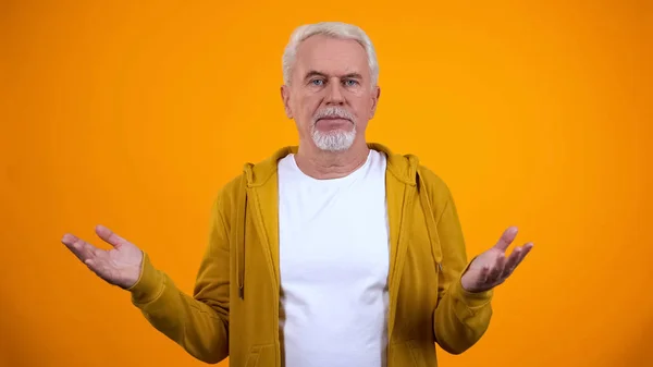 Confused Man Feeling Injustice Helpless Idea Gesture Yellow Background — Stock Photo, Image