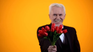 Lale buketi sunan kıdemli beyefendi ve gülümseyen, samimi tebrik tatil