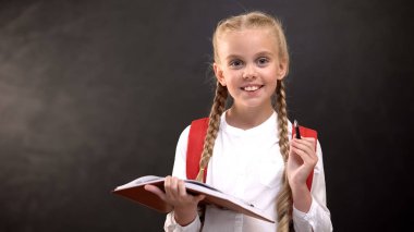 Pen tutan copybook ile gülümseyen mükemmel öğrenci, hazırlık işareti, eğitim