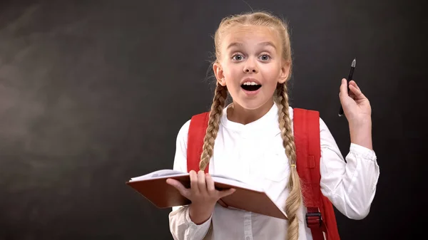 Thoughtful Female Kid Rucksack Doing Homework Having Idea Education — Stock Photo, Image