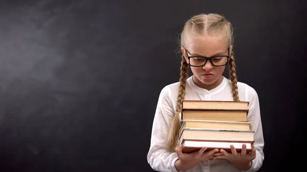 Schoolgirl Angrily Looking Heap Books Hating Lessons Education Problem — Stock Photo, Image