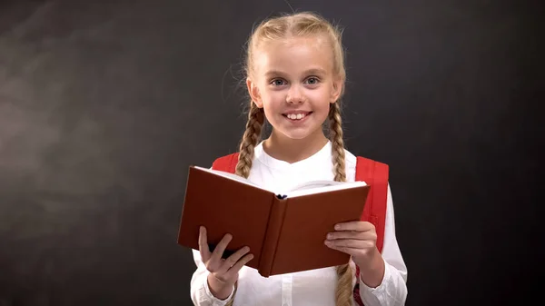 Happy Female Child Book Smiling Camera Education Love School — Stock Photo, Image