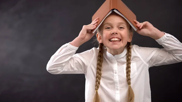 Cheerful Schoolgirl Book Head Laughing Having Fun School Fooling — Stock Photo, Image