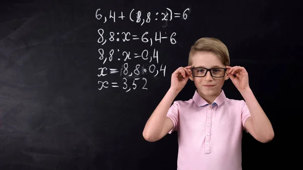 Schoolboy Eyeglasses Standing Blackboard Math Exercise Done — Stock Photo, Image