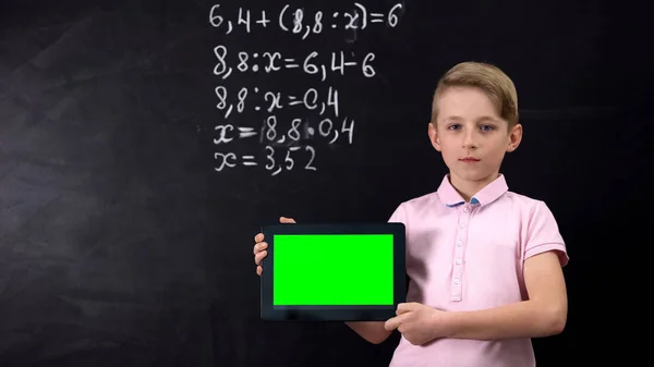 Schoolboy Holding Tablet Green Screen Application Learning Math — Stock Photo, Image
