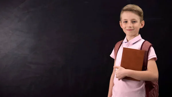 Diligent Schoolboy Holding Textbook Standing Blackboard Education System — Stock Photo, Image