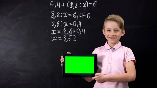 Smiling Boy Holding Prekeyed Tab Modern Technologies Education Innovations — Stock Photo, Image