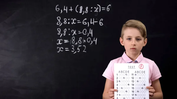 Unhappy Schoolboy Holding Unsuccessful Test Poor Knowledge Bad Education — Stock Photo, Image