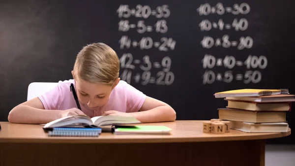 Smart Schoolboy Solving Task Math Exercises Written Blackboard — Stock Photo, Image