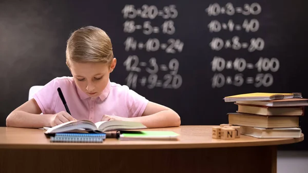 Primary Schoolboy Writing Exercises Notebook Preparing Homework Smart Kid — Stock Photo, Image