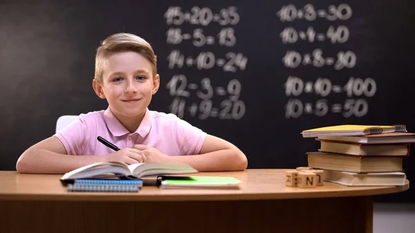 Smart Schoolboy Smiling Camera Solving Task Exercises Written — Stock Photo, Image