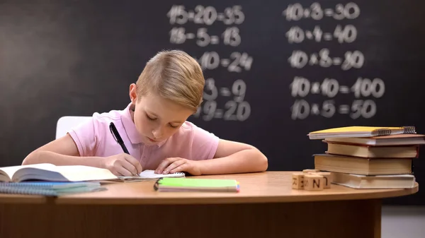 Diligent Schoolboy Doing His Math Homework Solving Difficult Tasks Book — Stock Photo, Image