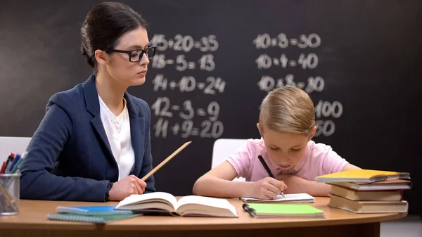 Strict Teacher Ruler Watching Schoolboy Doing His Homework Control — Stock Photo, Image