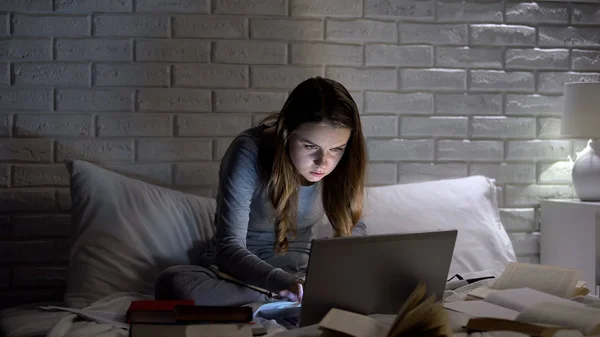 Gece Geç Saatlerde Dizüstü Bilgisayarda Yazma Projesi Kitap Arasında Kız — Stok fotoğraf