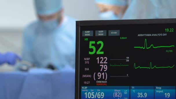 Orvos használ defibrillátor megtakarítás beteg életét, eltűnőben pulzus monitor — Stock videók