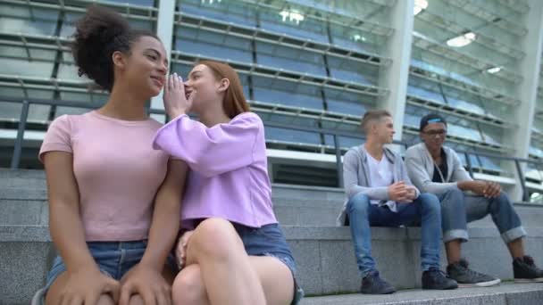 Gyönyörű tini lányok pletykás a fiúk ülnek a közelben, titkos érzés, flörtölni — Stock videók